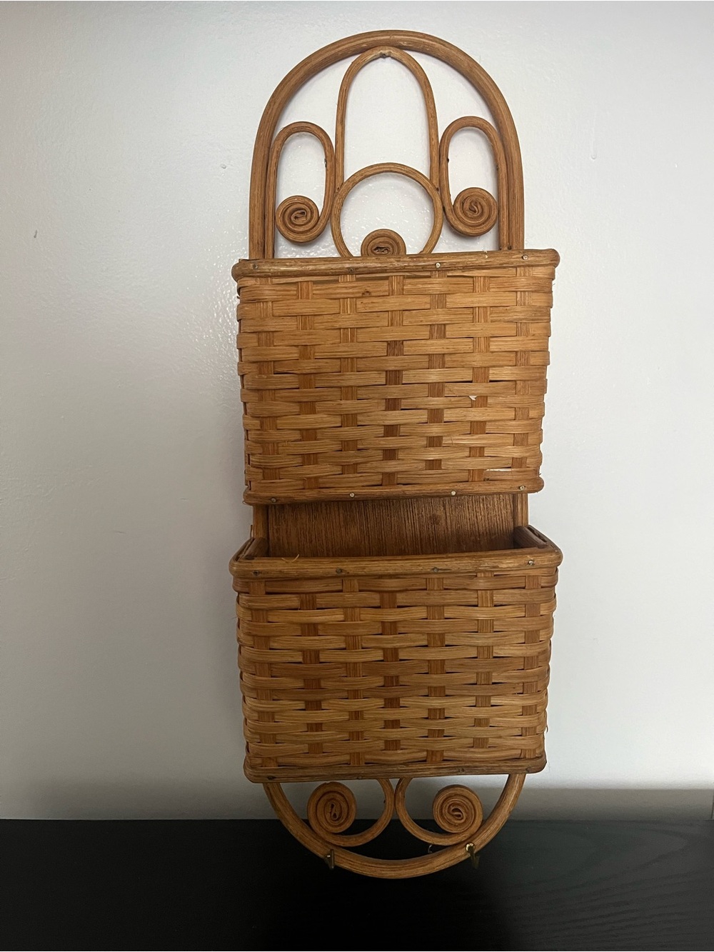 Vintage Boho Rattan 2-Tier Wall Pocket Organizer with key hooks